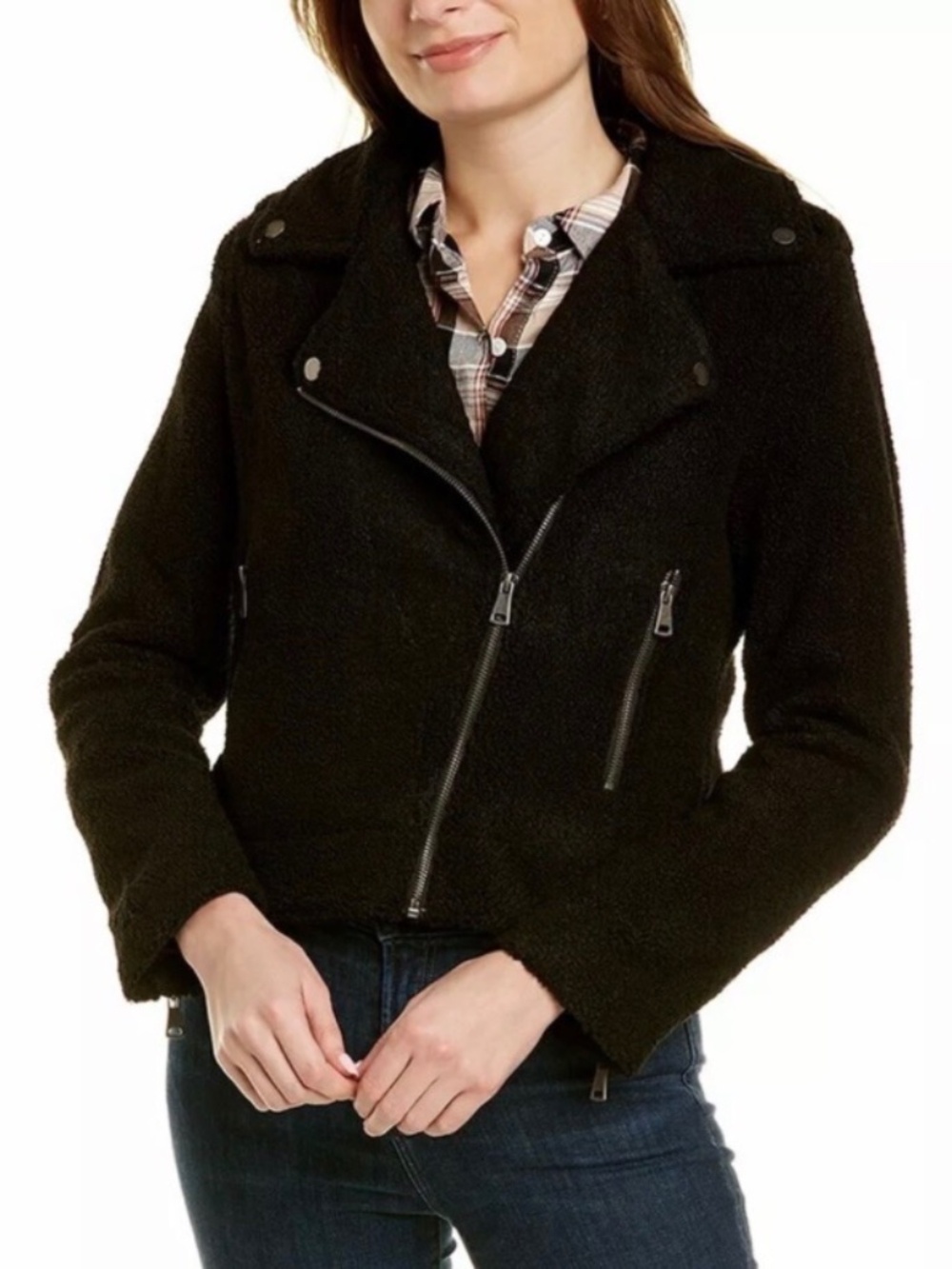 NWOT Max Studio London Faux Fur/Sherpa Biker Moto Y2K Black Sweater Jacket XL